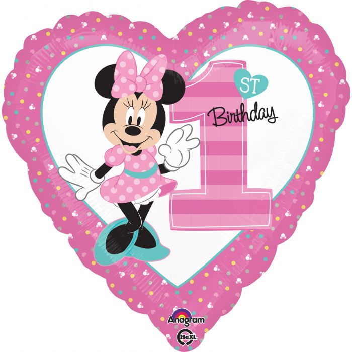 Minnie Mouse” 1st Birthday “  heart Mylar balloon