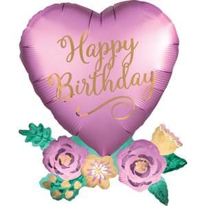 BIRTHDAY SATIN HEART WITH FLOWERS SUPER SHAPE