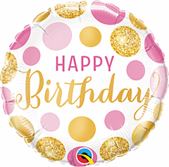 “ Happy Birthday” gold and pink polka dots Mylar